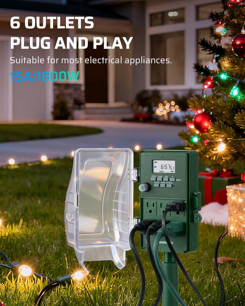 DEWENWILS Outdoor Power Stake Timer, 1800W/15A Digital Timer with 6 Grounded Outlets, 6FT 14/3C Extension Cord, Waterproof Heavy Duty Outlet for Christmas Lights, Yard, Garden, ETL Listed - Image 3